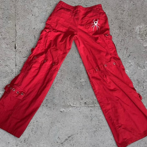 Social Collision Pants - Social Collision Red Grunge Spider-Detail Cargo Buckle Pants